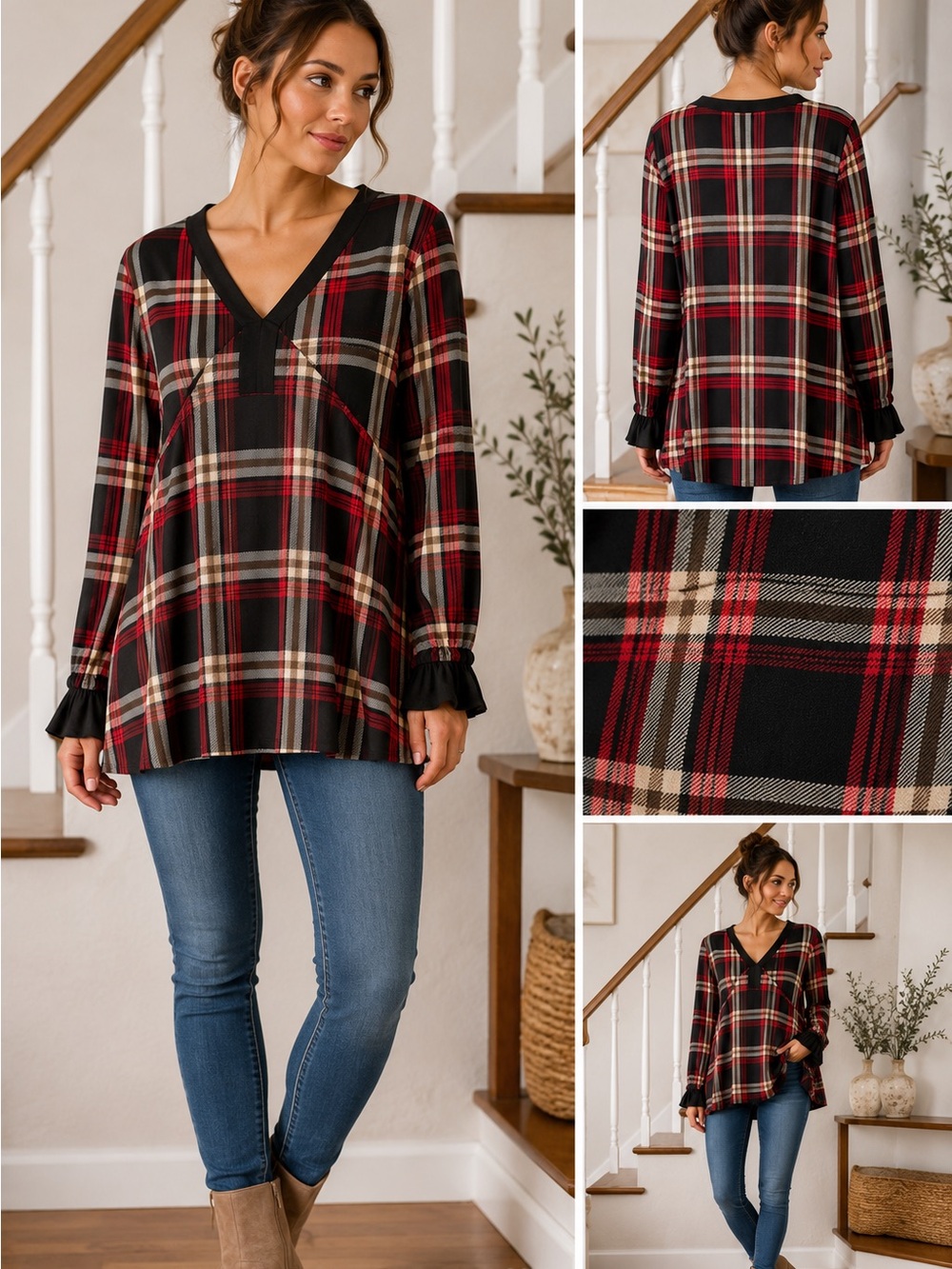Suzanne Betro Red and Black Plaid Tie-Neck Blouse